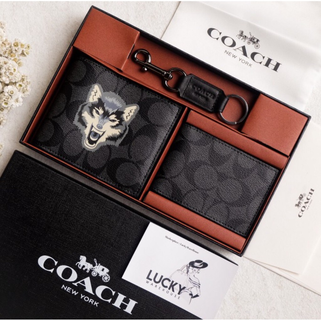 Coach Men Double Billfold Wallet In Signature Canvas With Wolf - ORI