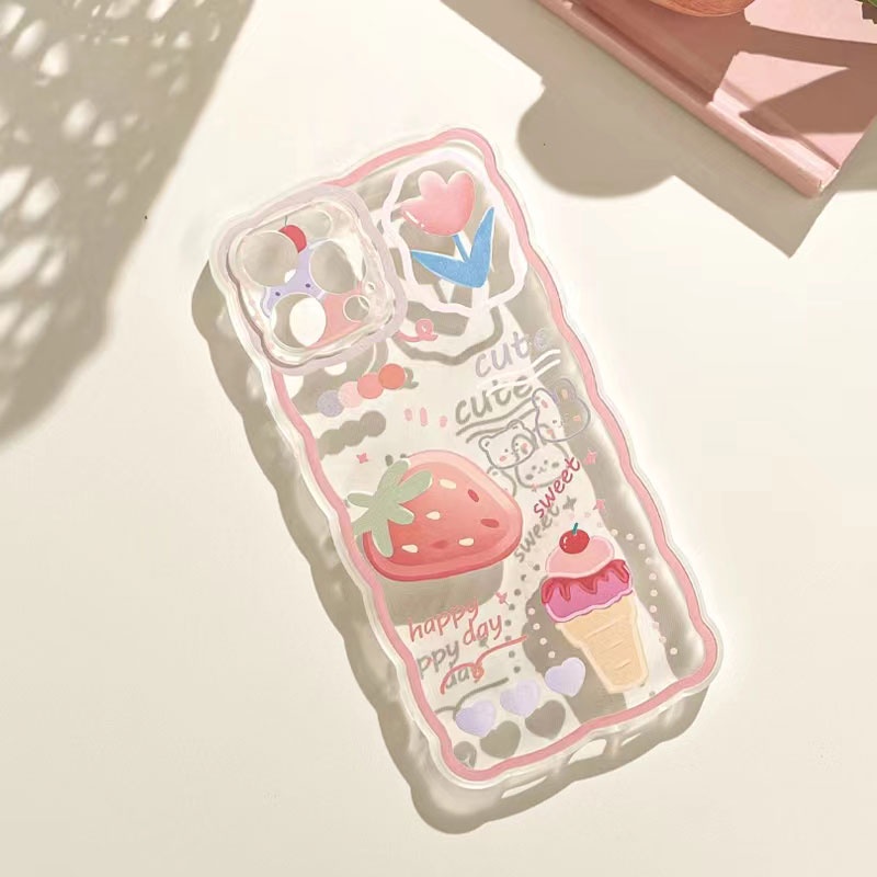 Soft Case Tpu Transparan Motif Es Krim Strawberry Untuk iPhone 13 13pro 13prm 11 7Plus 8Plus Xr XS 13 12pro Max