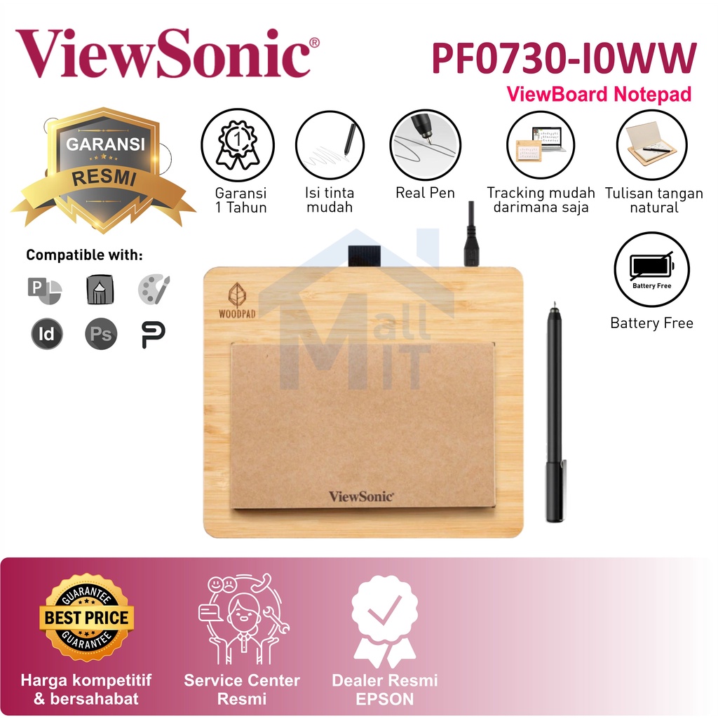 ( Bisa Cod ) VIEWSONIC ViewBoard Notepad PF0730 I0WW Portable Woodpad Pen Tablet