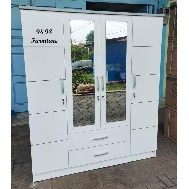 Lemari Pakaian 4 Pintu Putih Krendy - Lemari Baju 4 Pintu Murah - Lemari Pakaian Pintu Kaca Cermin -