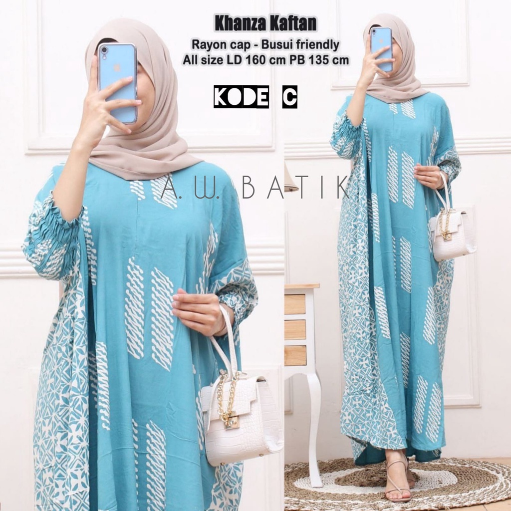 Khanza Kaftan Wanita Size Jumbo XXXXL Motif Batik Cap Encim Soft Color Busui Resleting Lengan 3/4 Rayon Tebal Gamis Arabian Kaftan