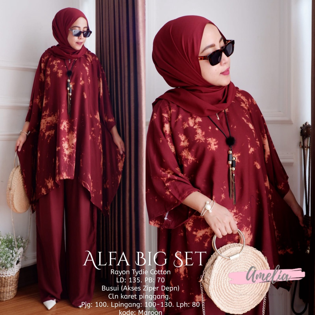 Alfa Big Set - One Set Jumbo Rayon Tie Dye Premium Waka Waka Setelan Wanita Celana Panjang Set Bigsize LD 135 cm