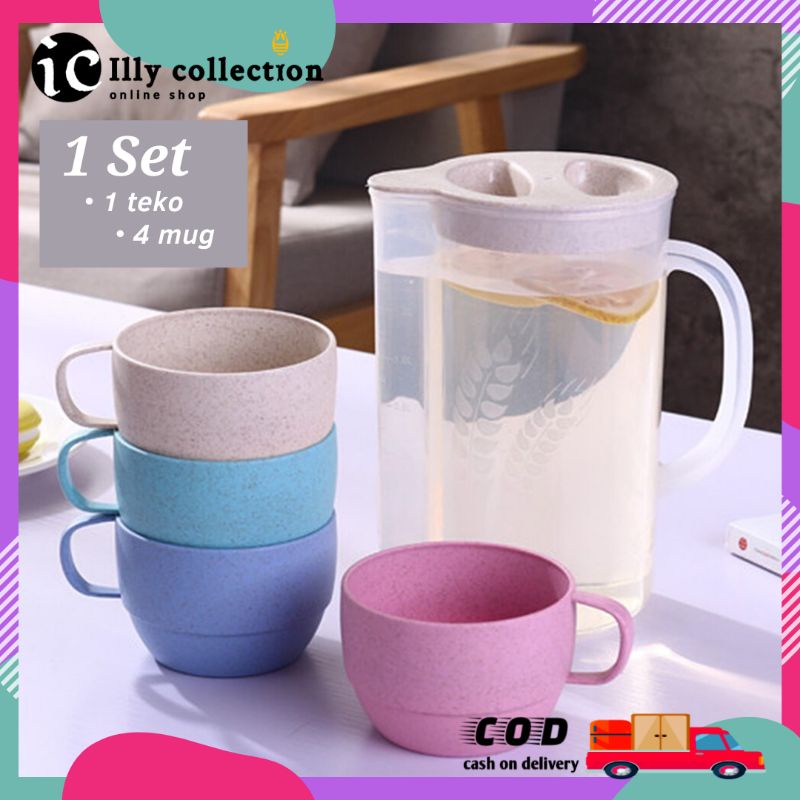 Mug Jerami Gandum Set 5 in 1 Teko Dengan Cangkir