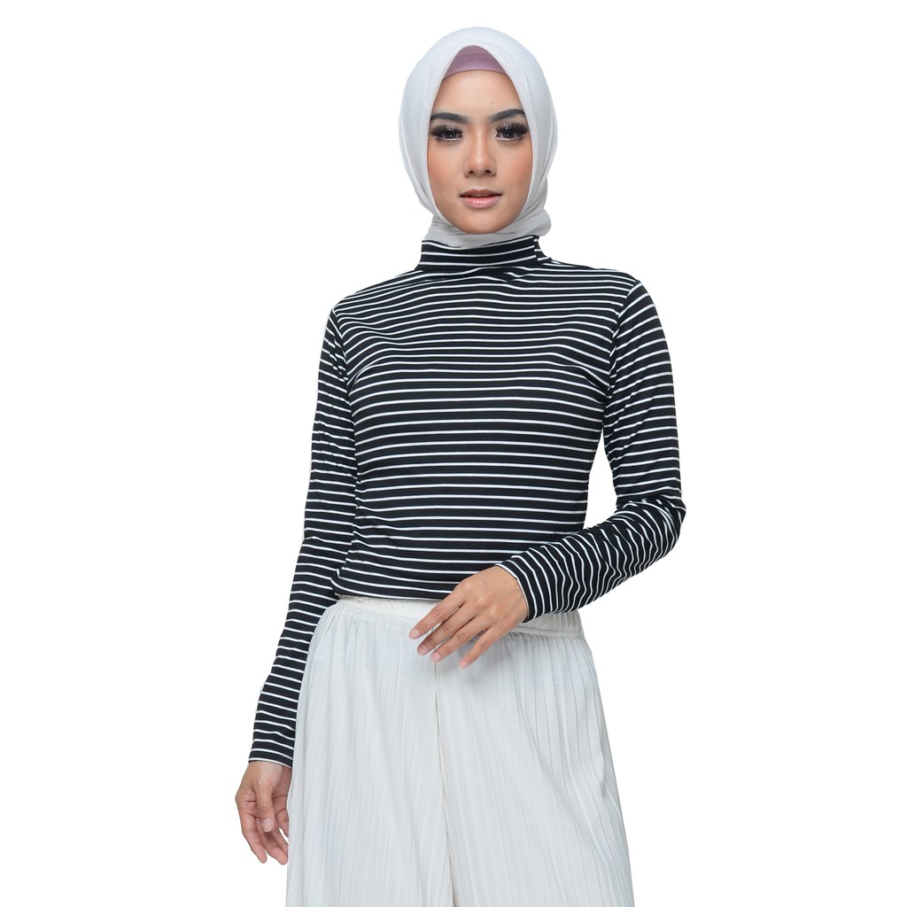 Kaos Tshirt lengan Panjang Leher tinggi corak salur muslim wanita  - XSHOP Viomine