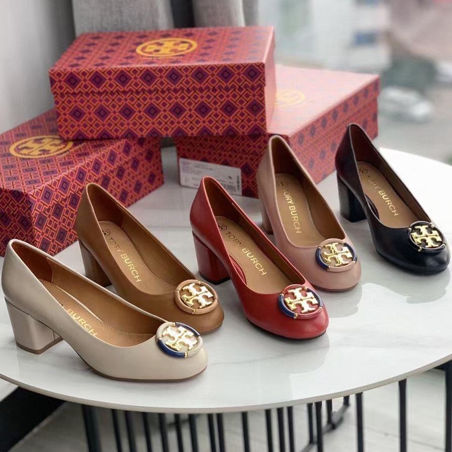 Sepatu Tory Burch Multi Logo Pump Block Heel Cream Hitam Coklat Tan Merah Pink ORIGINAL KULIT ASLI