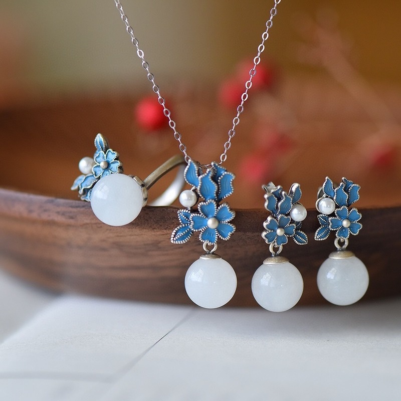Vintage Earrings Flower Necklace Natural Hetian Jade Set