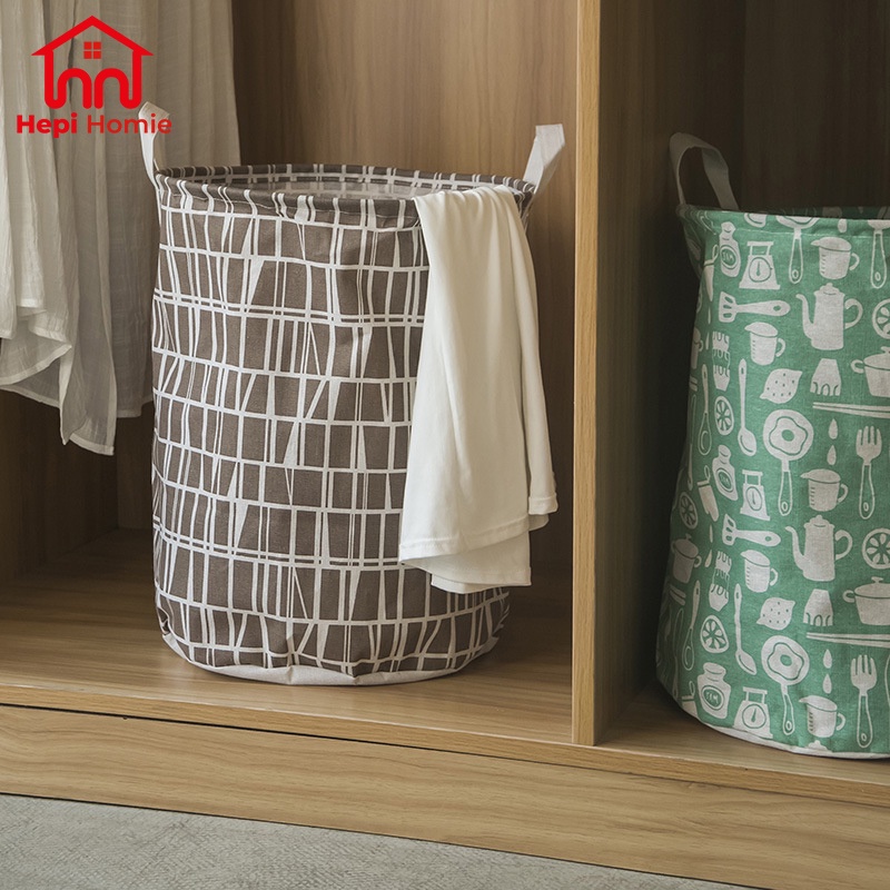 [HH] KERANJANG LAUNDRY BAJU CUCIAN PAKAIAN KOTOR BAHAN KAIN MOTIF BULAT LIPAT / BASKET STORAGE BAG