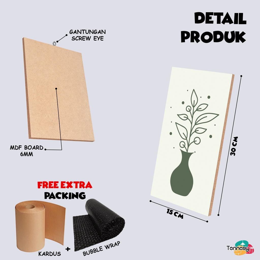 TENNESY HIASAN DINDING BUNGA VAS FLOWER POT SOFT GREEN 15x30CM WALL DECOR PAJANGAN KAYU POSTER DEKORASI DINDING KAMAR RUMAH