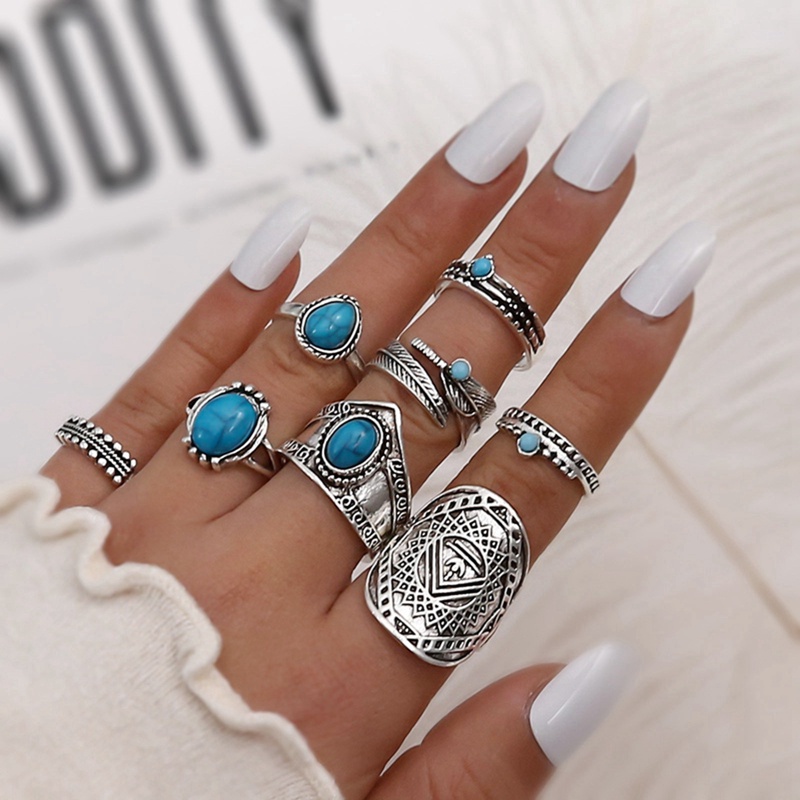 8pcs / Set Cincin Silver Antik Gaya Bohemia Dengan Batu Opal + Kristal Untuk Pria / Wanita