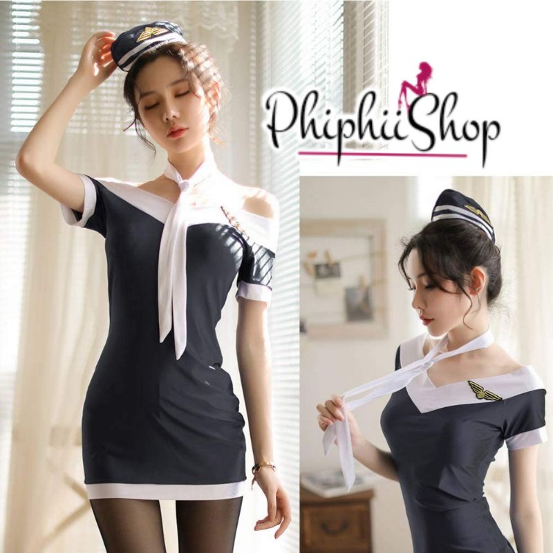 Setelan Kostum Seragam Pramugari fit XL Sexy Stewardess Cosplay Costume Lingerie