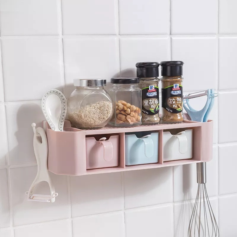 SET 4 Tempat Bumbu Dapur Serbaguna Termasuk Sendok Rak dinding kotak tempat Bumbu Dapur set penyimpanan bumbu masak peralatan perlengkapan perabotan dapur Tempel Susun dinding Gantung serbaguna 3 Sekat plastik kayu aesthetic Minimalis Portable Murah