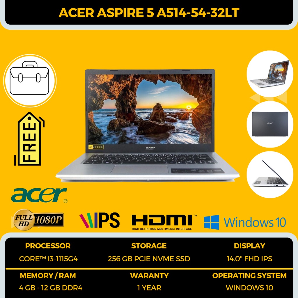 ACER SLIM ASPIRE 5 A514-54-32LT [CORE I3-1115G4 / 12 GB DDR4 / SSD 256GB / 14&quot; FHD IPS / CHARCOAL BLACK / FREE INSTALL WINDOWS 10 &amp; OFFICE / BONUS TAS LAPTOP EXCLUSIVE] - TEKNO KITA