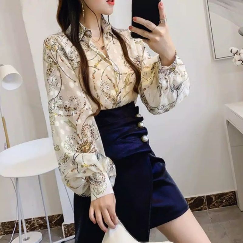 8585 Kemeja lengan panjang Balon import wanita Kemeja puff sifon import cewek Atasan lengan balon