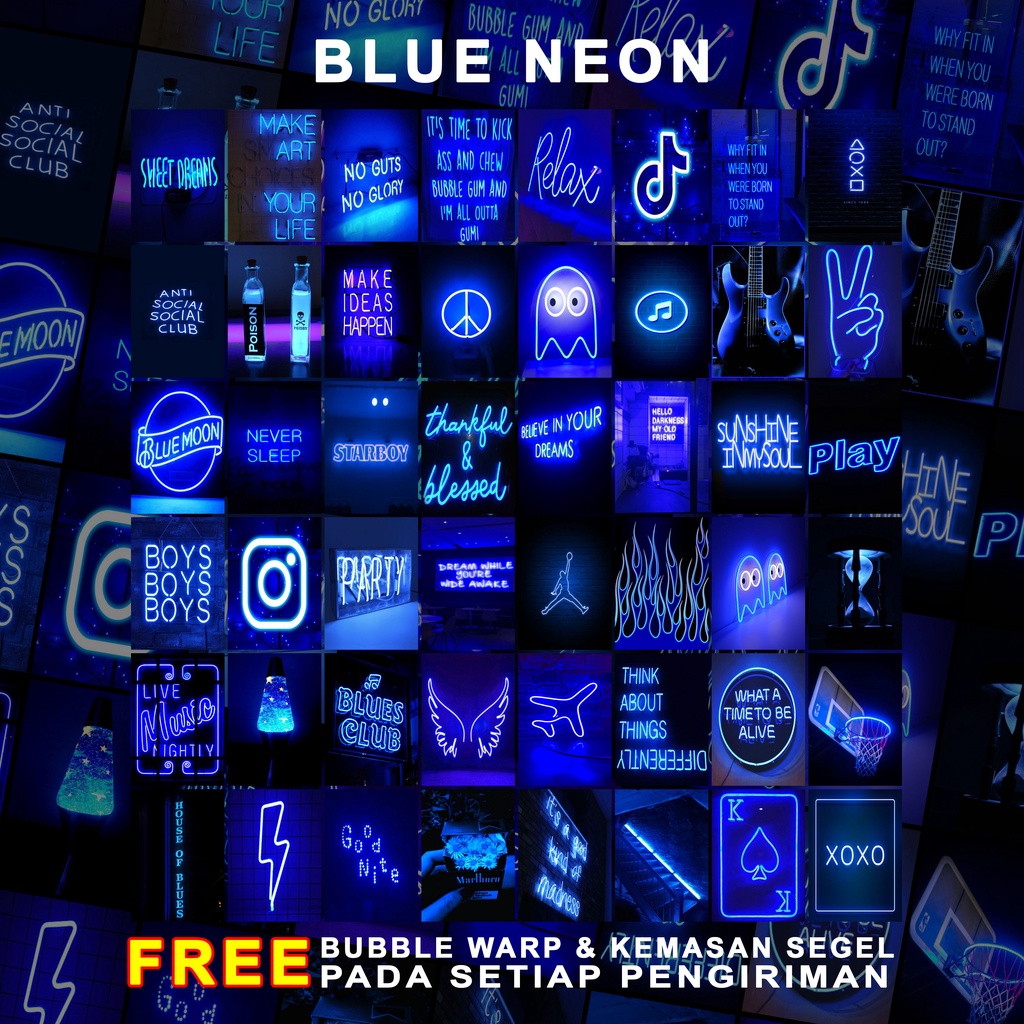 (48 PCS) Poster Dinding Aesthetic | Poster Dinding Aesthetic Blue Neon Series