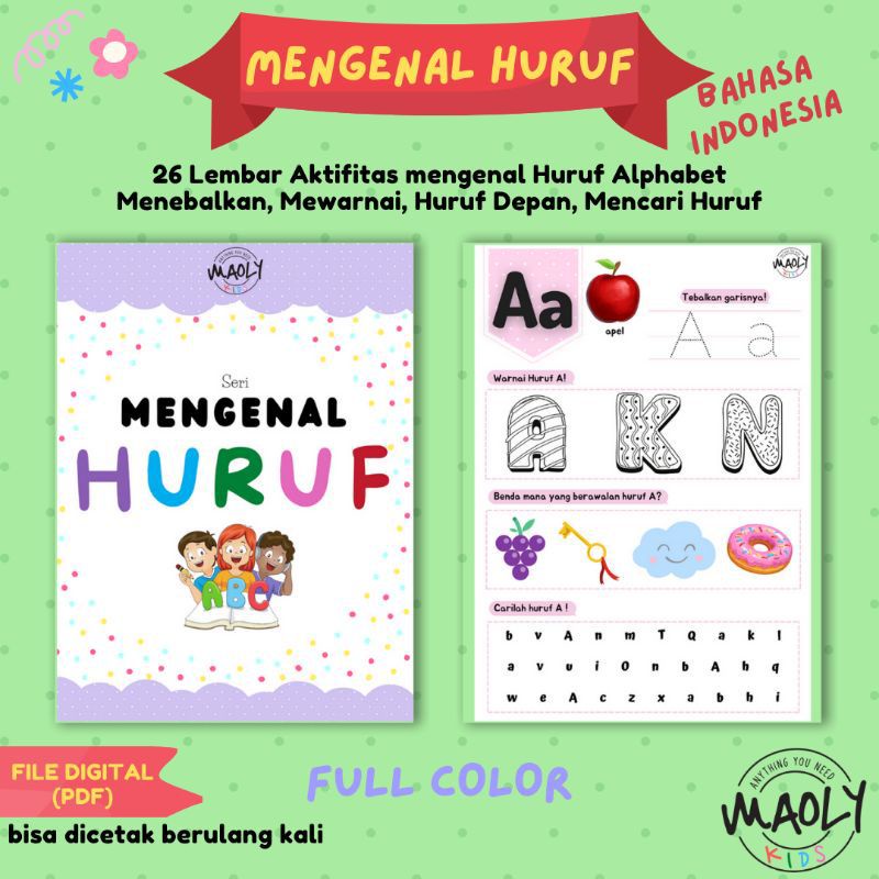 Worksheets Anak Mengenal Huruf Alphabet Printable /Buku Lembar Kerja Anak Ebook /Materi Belajar Anak