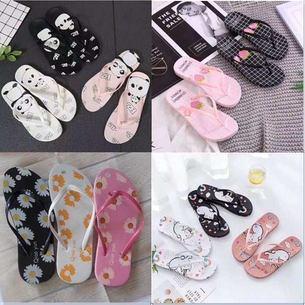 SANDAL WANITA JEPIT MOTIF BUNGA QIAO YUN SPON PELANGI KUCING STRAWBERRY PANDA