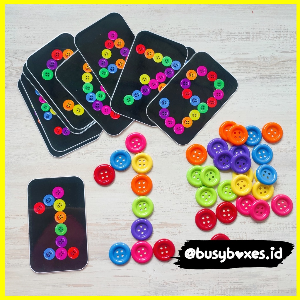 [busyboxes.id] Mainan Edukasi anak 2 tahun flash card angka dengan kancing warna menyusun kancing warna sesuai dengan pola angka 0-9