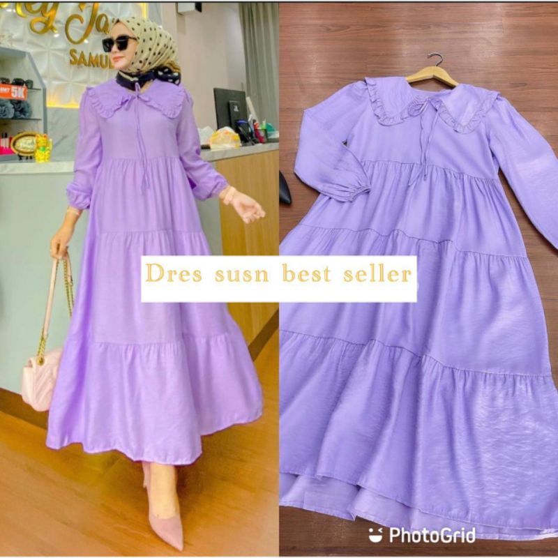 Dress Gamis Dres Polos Midi Susun Rayon Premium Import Kerah Tali Rempel Kualitas Best Seller Motif 2022 Terbaru Sekarang Warna Cerah LD 110 cm-7