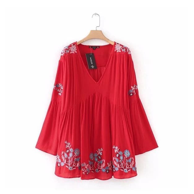WST 20691 V Neck Embroidered Bohemian Dress   Putih