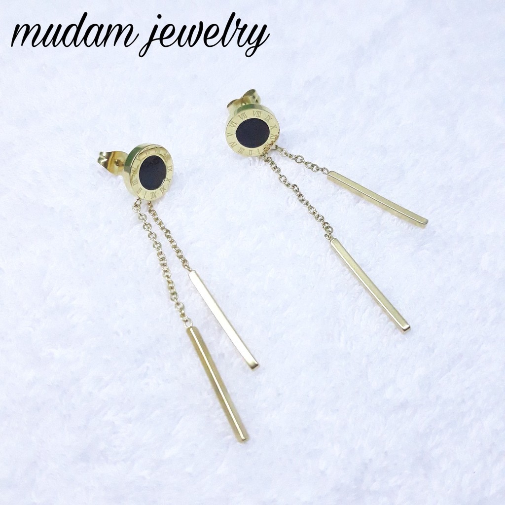 Anting Titanium Romawi Bulat Hitam Roman Juntai Gold dan Rose Gold