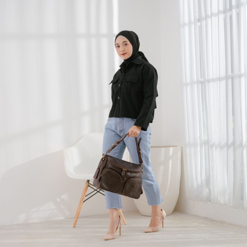 TAS KANTOR WANITA KULIT SAPI ASLI MODEL AMANDA / KULIT SAPI PULL UP MIX KULIT EMBOSS BATIK /FREE GRAVIR NAMA