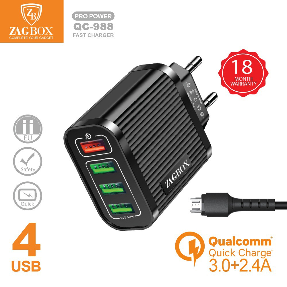 Adaptor Charger ZAGBOX 4 port usb Qualcomm QC Power 3.0+2.4A (QC-988) Adaptor Charger