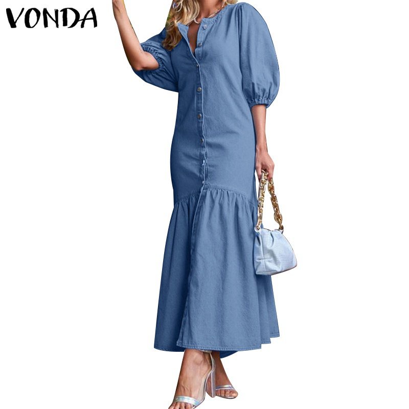 Vonda Women Round Neck Half Sleeve Button Down Pleated Long Dress
