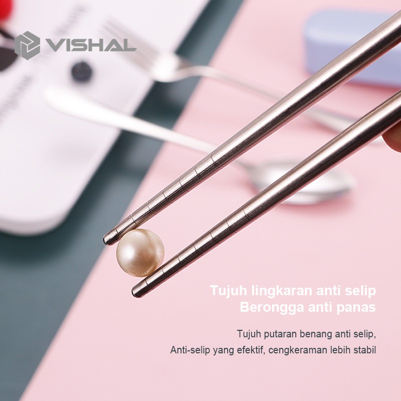 VISHAL 3Pcs Set Makan Sendok Garpu Sumpit/Stainless Steel Spoon Fork Chopsticks Bepergian Peralatan