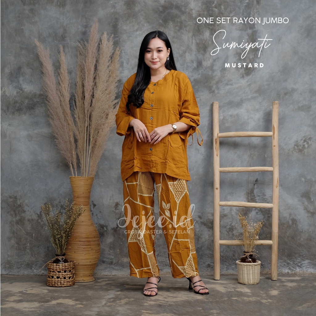 SETELAN RAYON JUMBO LD 120 CM BIG SIZE SUNDARI SET PIYAMA TIE DYE LENGAN PANJANG KANCING-SUMIYATI-MUSTARD