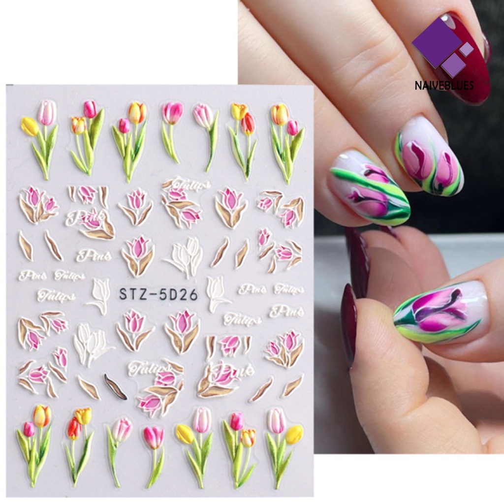 Naiveblue Stiker Kuku 5D Motif Bunga Tulip Untuk Nail Art
