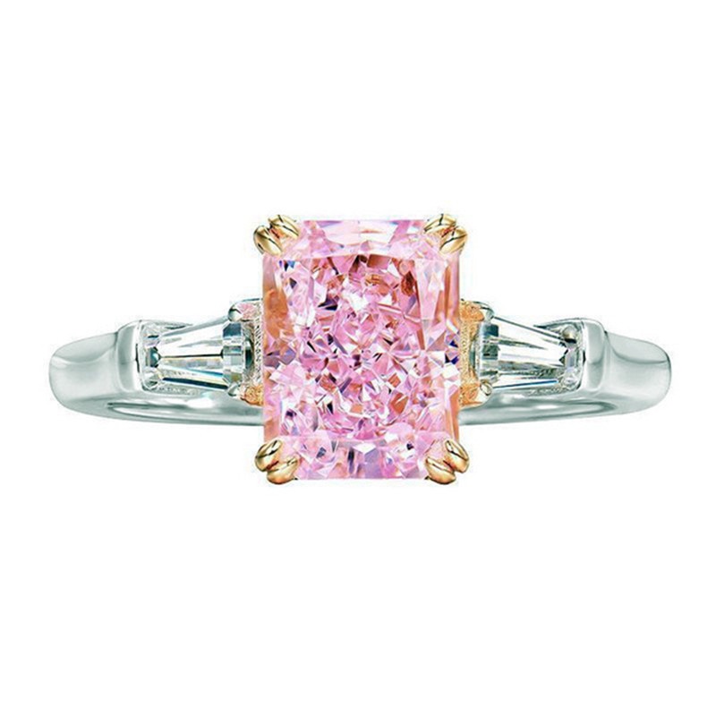 Cincin Silver Hias Berlian Zirkon Bentuk Kotak Warna Pink Untuk Wanita