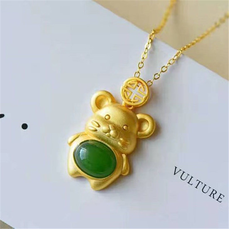 [Ready Stock]Fashion Gold-Plated Inlaid Jade Cute Mouse Color Pendant Necklace