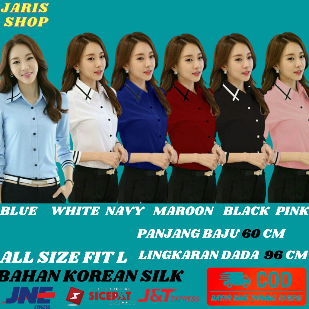 Baju Kemeja Wanita Casual Korea Polos Warna Merah Maroon Hitam Blue Hem Wanita Lengan Panjang Cewek