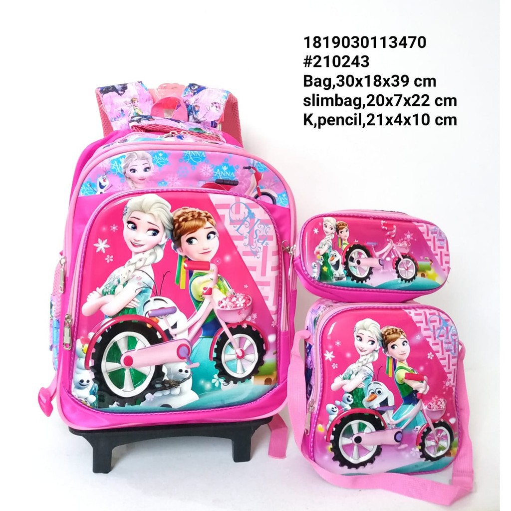 (RK)Tas Troli Anak SD SMP Sekolah Anak Perempuan 3in1 Frozen Pink 3 Roda