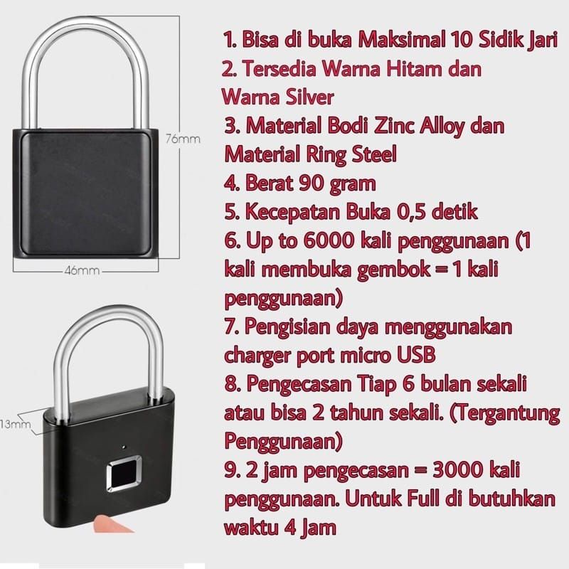 fingerprint smartlock padlock gembok kunci pintar dengan sidik jari