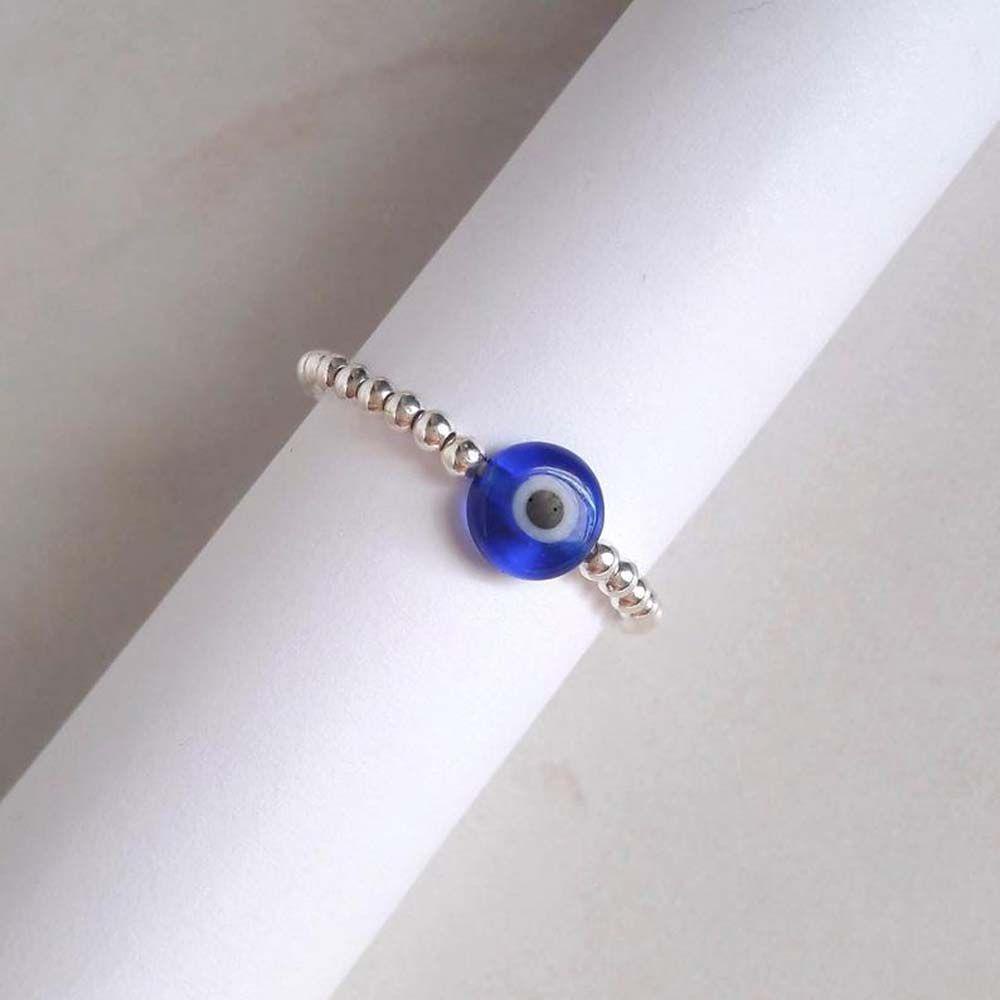 Mxbeauty Cincin Mata Biru Hip Pop Hadiah Pesta Kaca Biru Warna-Warni Logam Beruntung Setan Mata Manik-Manik Cincin