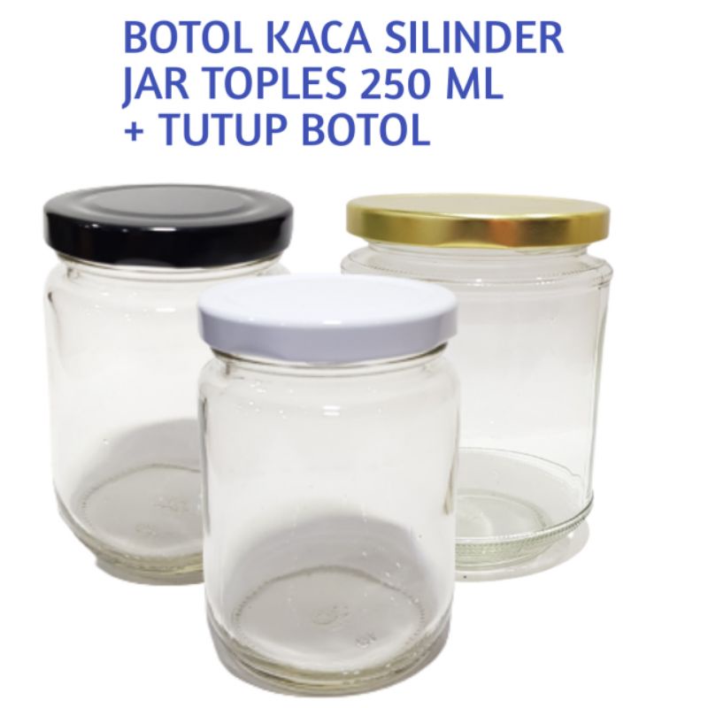 250ML TUTUP HITAM / PUTIH  BOTOL KACA 250ML BARU + TUTUP SENG BARU / BOTOL SILINDER BULAT TOPLES  KACA 250 ML KHUSUS GOJEK jkt