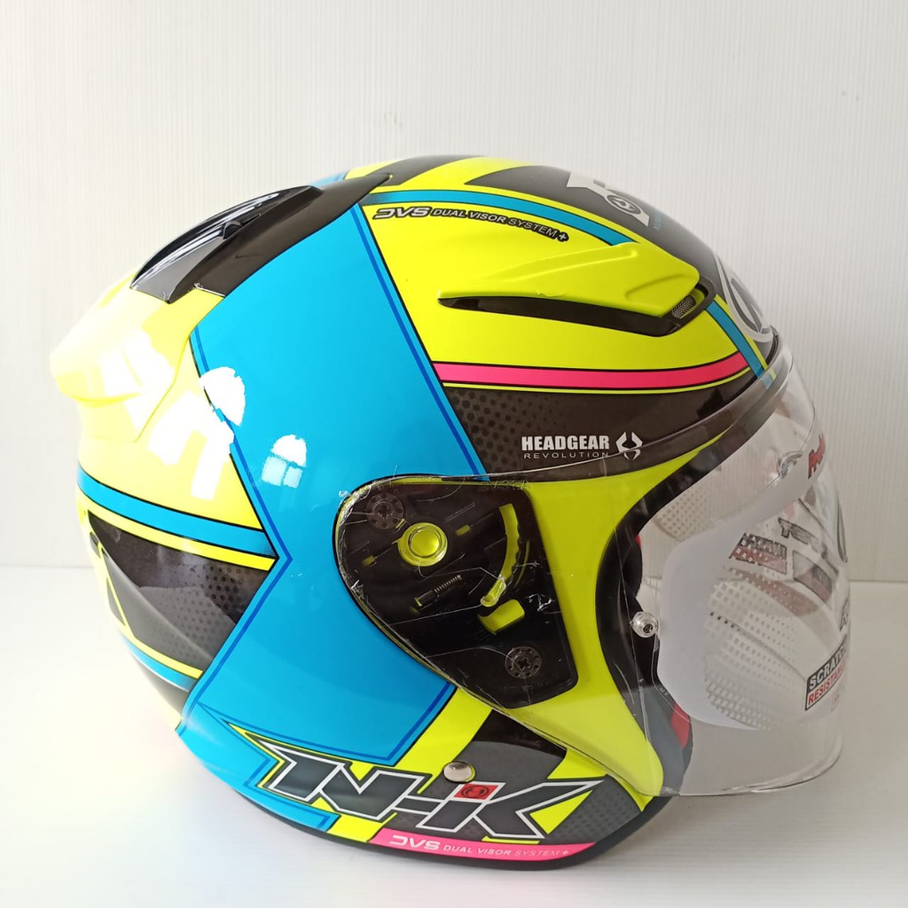 HELM NHK R1 NAPOLEON YELLOW FLO LIGHT BLUE DOUBLE VISOR HALF FACE