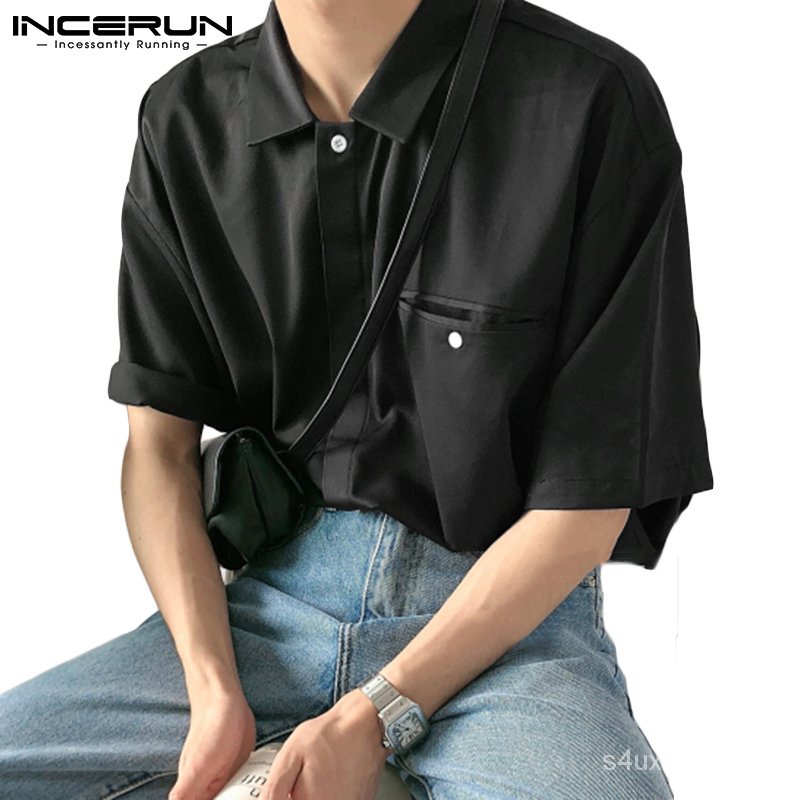 INCERUN Men Casual Simple Retro Style Short Sleeve Lapel Button Up Shirt