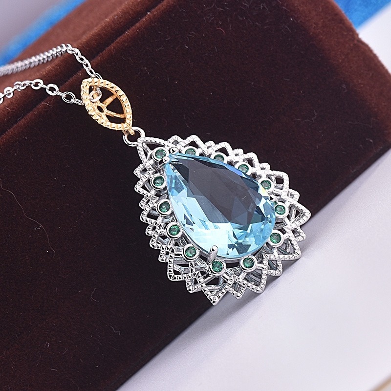 [Ready Stock]Fashion Inlaid Sapphire Pendant Water Drop Pear-Shaped Necklace