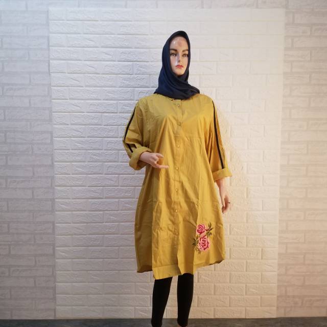 Kemeja Tunik Bordir Bunga - Kuning