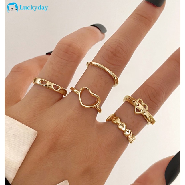 YEEZII 5pcs / Set Cincin Model Terbuka Desain Hati Hollow Asimetris Adjustable Warna Gold / Silver Untuk Wanita