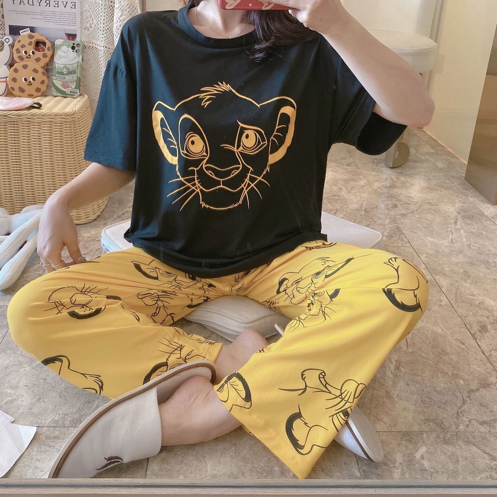 Piyama Oversize Bahan Kaos Lengan Pendek Baju Tidur Wanita pakaian tidur wanita kaos set baju tidur wanita piyama-Black Lion King