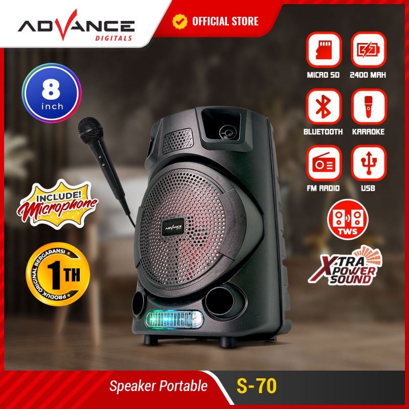 Speaker Advance S 70 BT Bluetooth Plus Mic Karaoke Advance S70 Speaker Meeting 8&quot; inch s70 Wirelles Portable