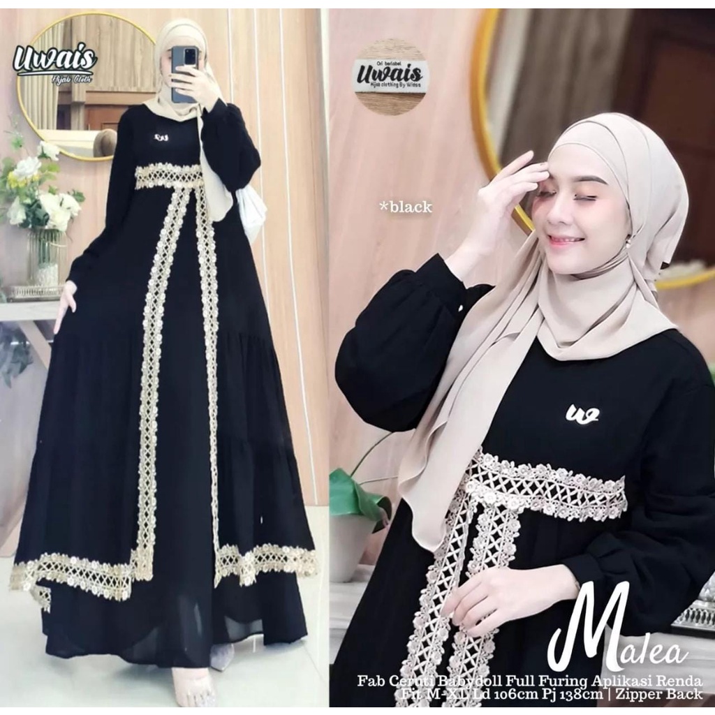 GAMIS WANITA MALEA DRESS BO KAIN CERUTY BABYDOLL FULL FURING APLIKASI RENDA LD 110 CM PB 138 CM GAMIS WANITA TERBARU 2023 KEKINIAN / MAXI DRES WANITA FASHION MUSLIM / DRESS CERUTY WANITA WARNA HITAM , GREEN , DUSTY