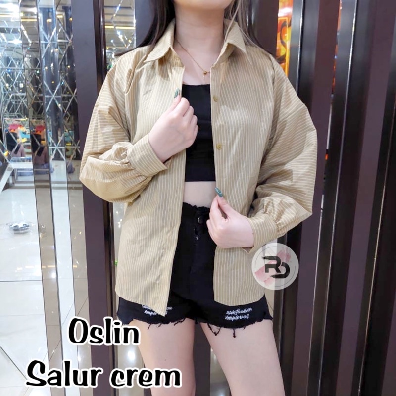 RD FASHION Kemeja Oslin Oversize | Kemeja Korea Jumbo Wanita | Bahan Creap - Fit to L-SALUR CREM