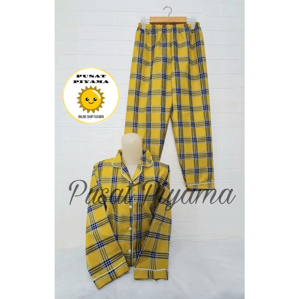 Setelan Lengan Pendek Piyama Baju Tidur Wanita Guilen Kotak Pajamas Cewek Dewasa Kekinian Abg-L OSLIN Pjang Kuning