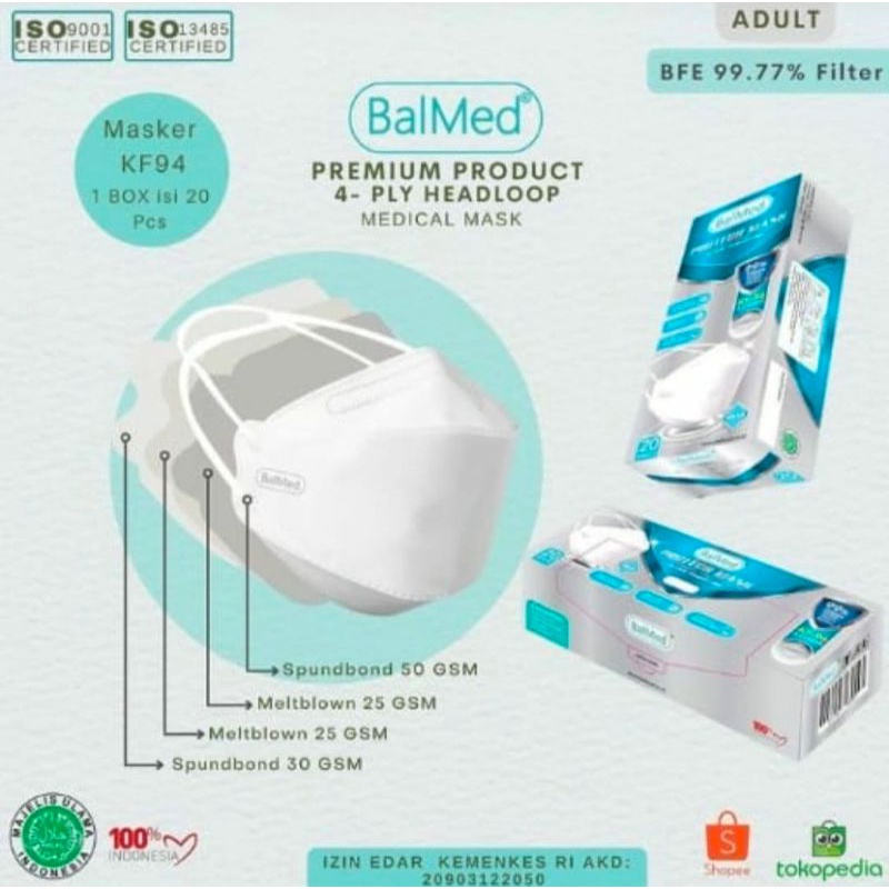 BALMED KF94 Headloop BFE 99.77%  Masker Medis Hijab Original KF 94 Balmed isi 20 Pcs