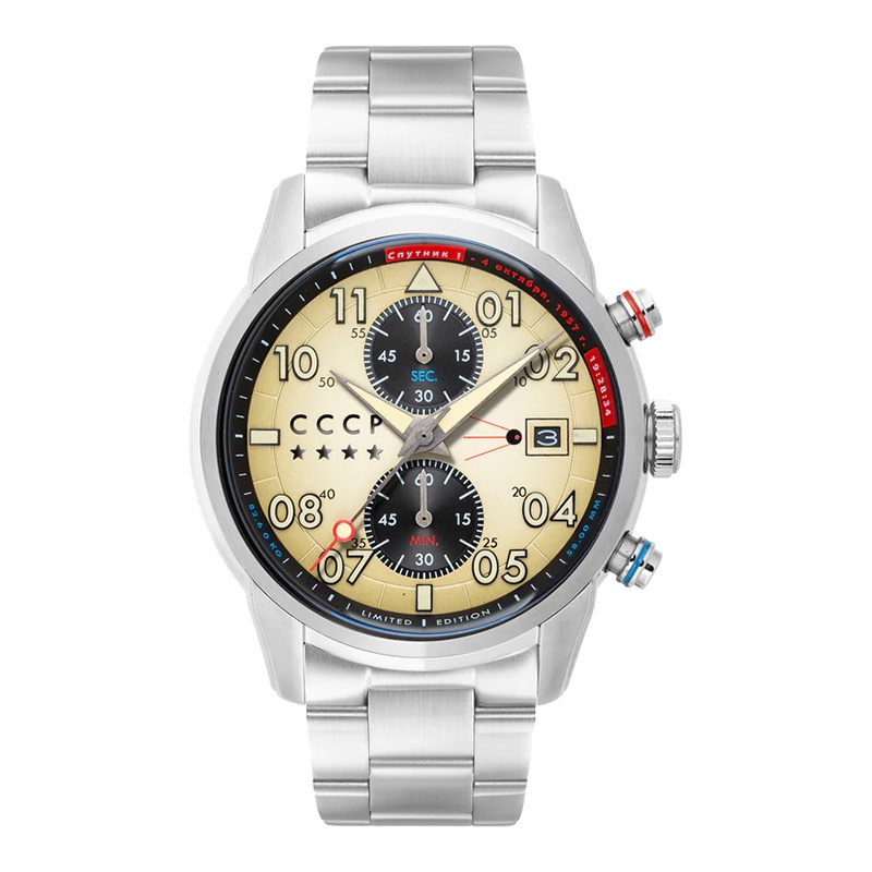 [CLEARANCE MEI] Jam Tangan Pria CCCP Sputnik CP-7098-22 Chronograph Men Cream Dial Stainless Steel S