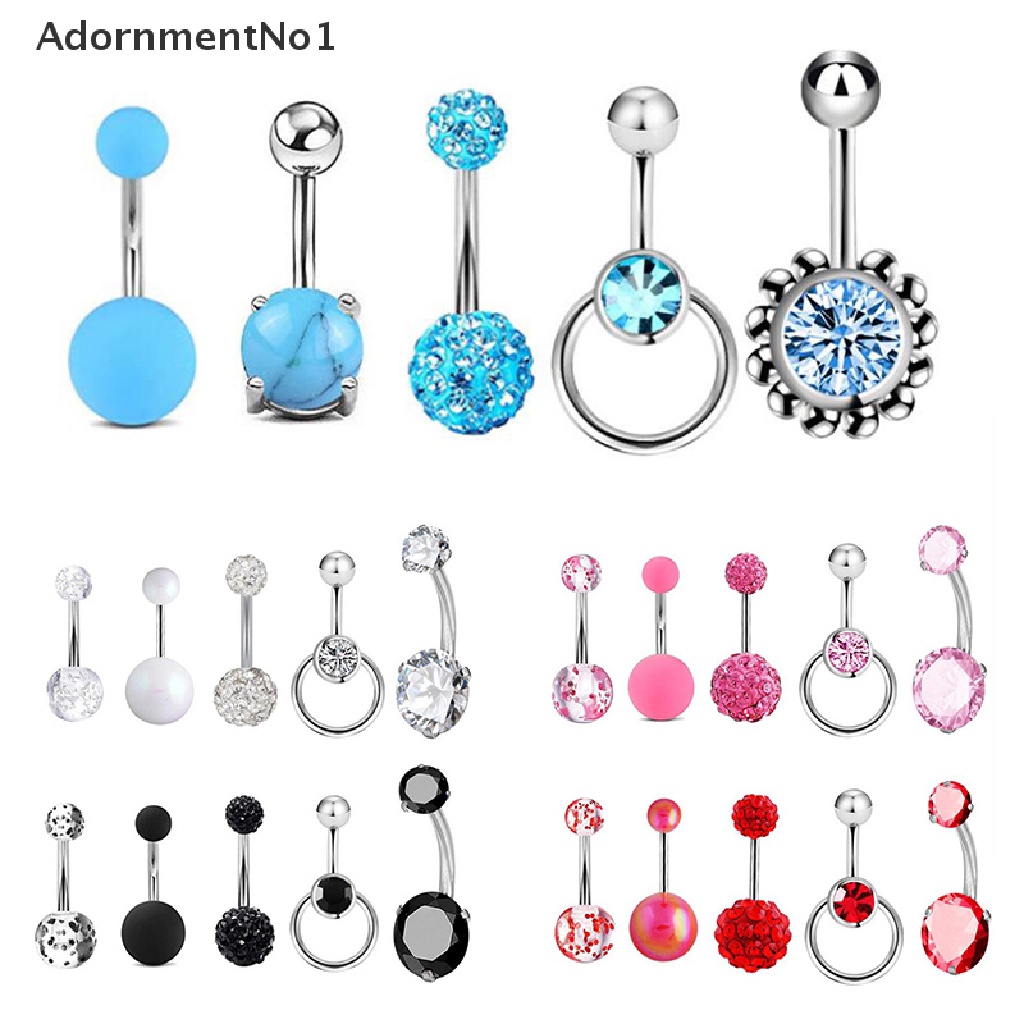 (AdornmentNo1) 5pcs / Set Anting Tindik Perut / Pusar Bentuk Barbel Aksen Kristal Untuk Perhiasan Wanita